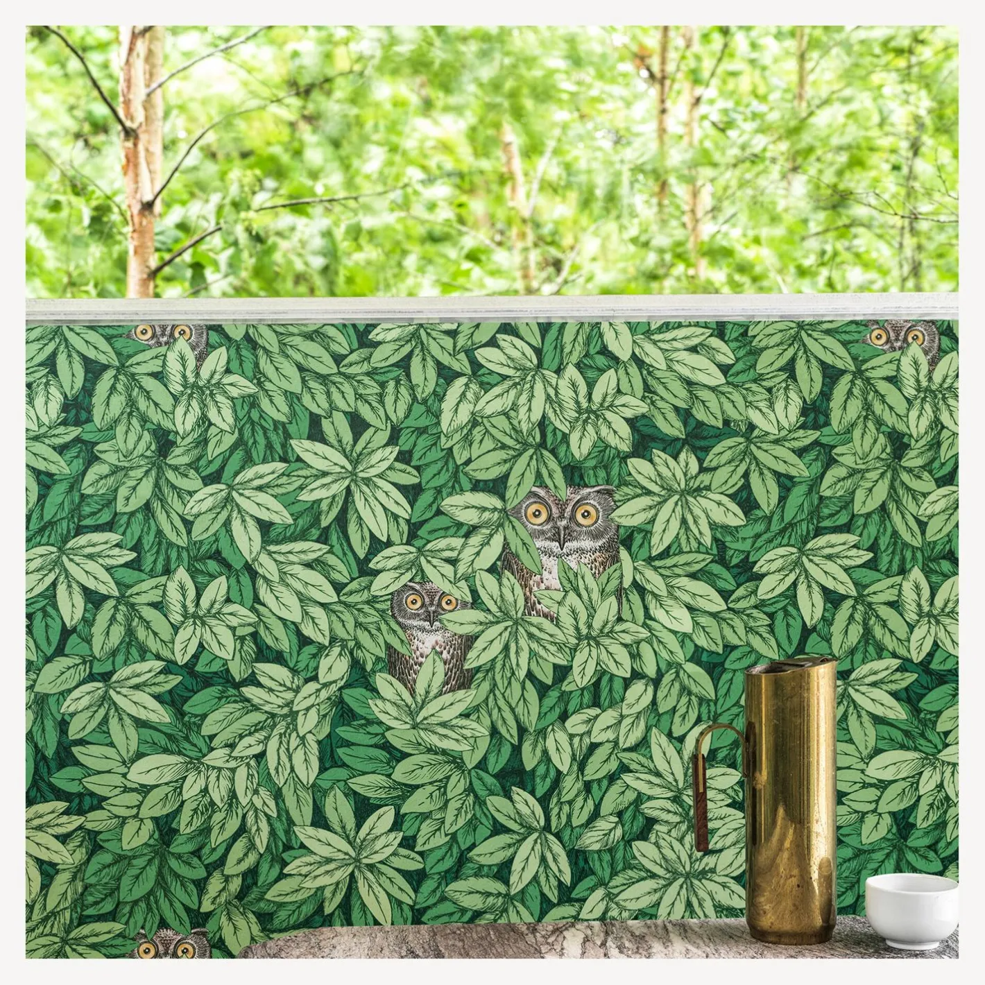 Fornasetti Sfondo^Carta Da Parati Foglie E Civette Verde Foresta