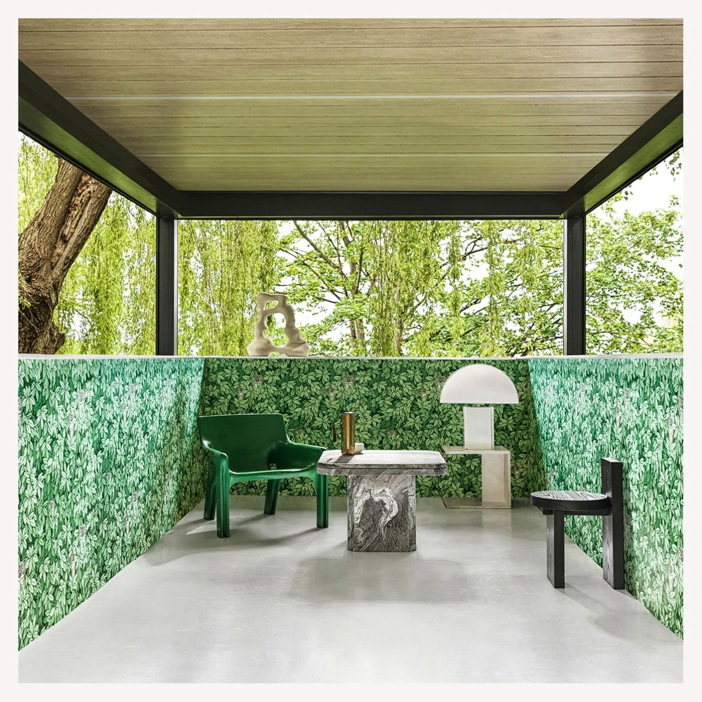Fornasetti Sfondo^Carta Da Parati Foglie E Civette Verde Foresta