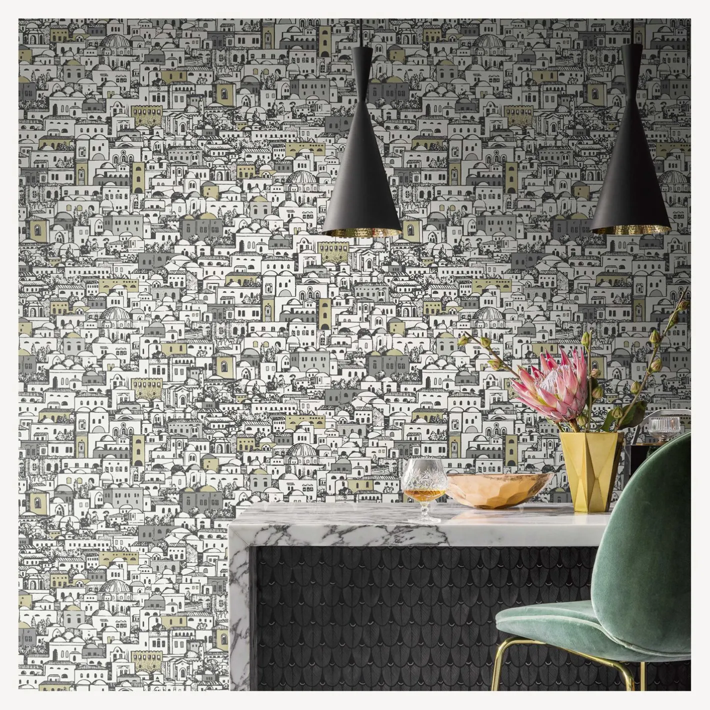 Fornasetti Sfondo^Carta Da Parati Mediterranea Bianco E Metallizzato