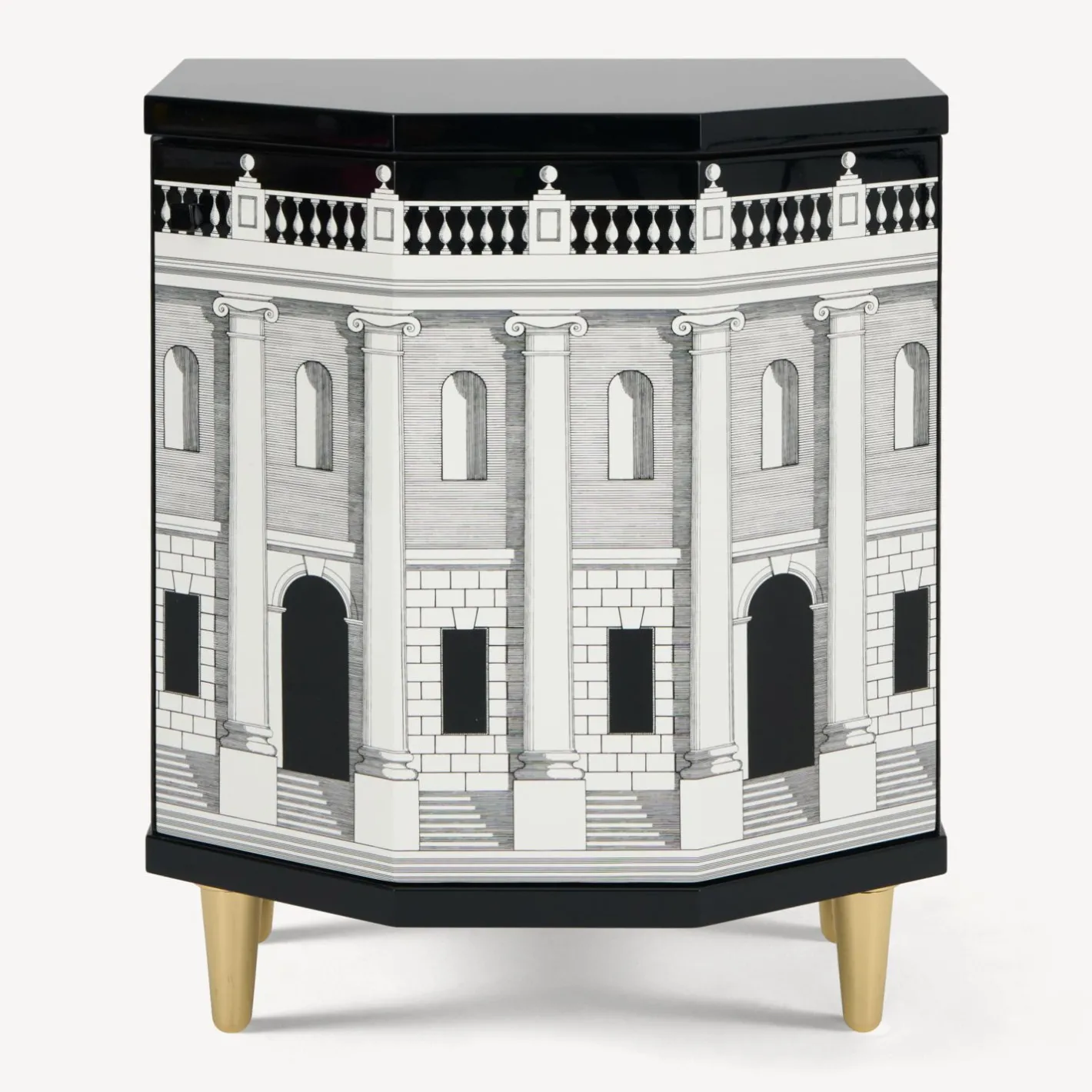 Fornasetti Armadietti^Comodino Poliedrico Casa Con Colonne Bianco Nero