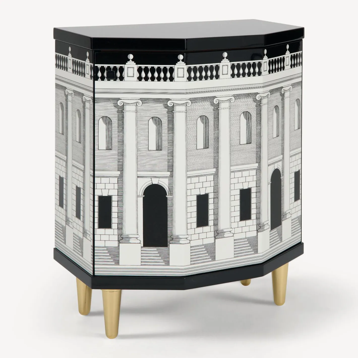Fornasetti Armadietti^Comodino Poliedrico Casa Con Colonne Bianco Nero