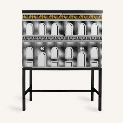 Fornasetti Armadietti^Credenza Rialzata Facciata Quattrocentesca Bianco/Nero/Giallo