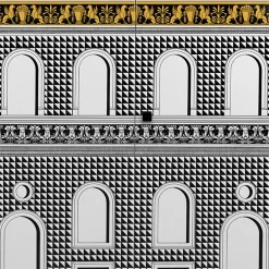 Fornasetti Armadietti^Credenza Rialzata Facciata Quattrocentesca Bianco/Nero/Giallo