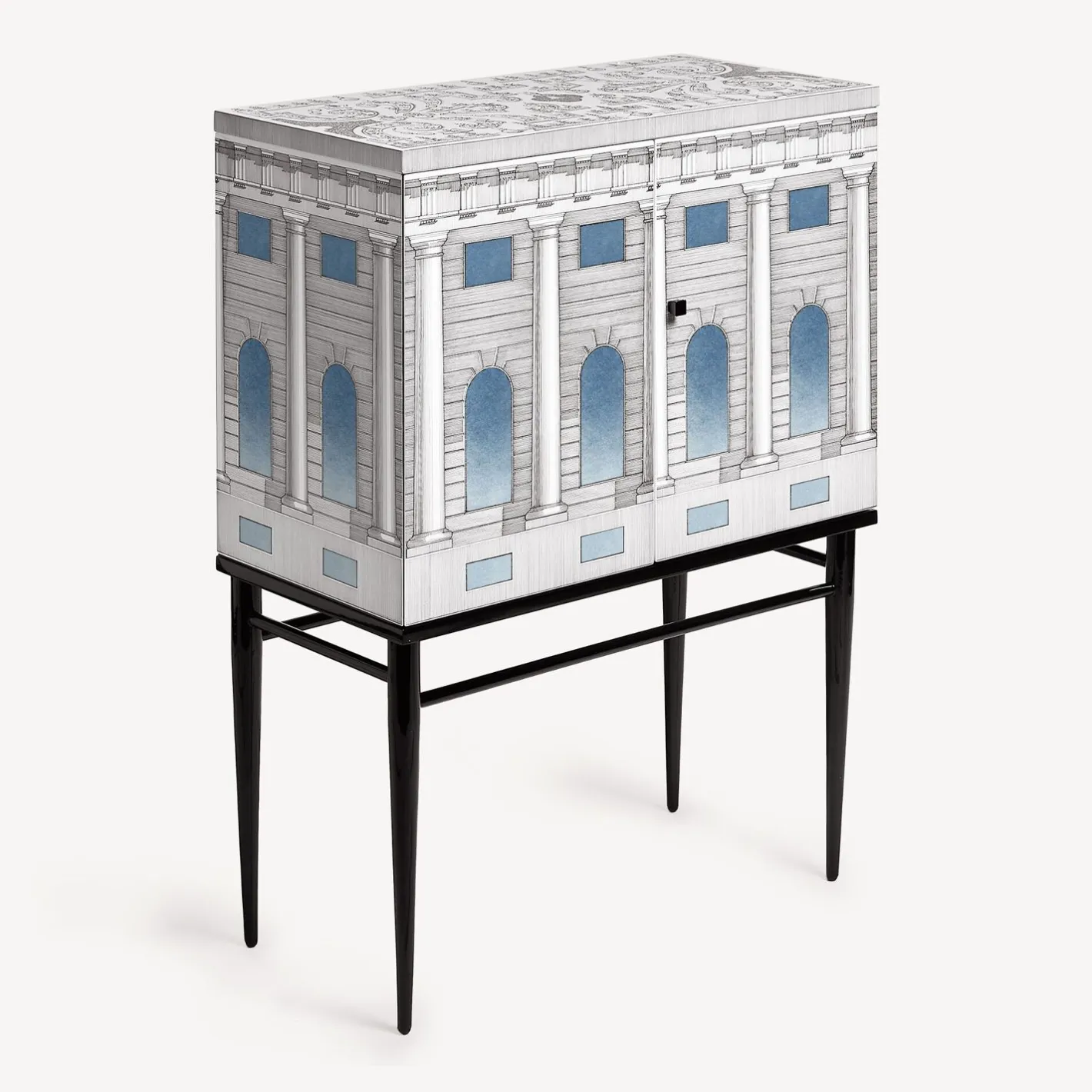 Fornasetti Armadietti^Madia Piccola Rialzata Architettura Celeste Bianco/Nero/Azzurro