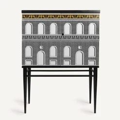 Fornasetti Armadietti^Madia Piccola Rialzata Facciata Quattrocentesca Bianco/Nero/Giallo