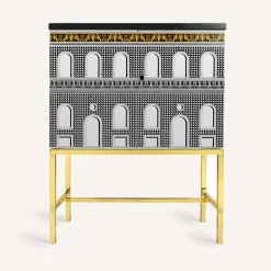 Fornasetti Armadietti^Madia Piccola Rialzata Facciata Quattrocentesca Bianco/Nero/Giallo