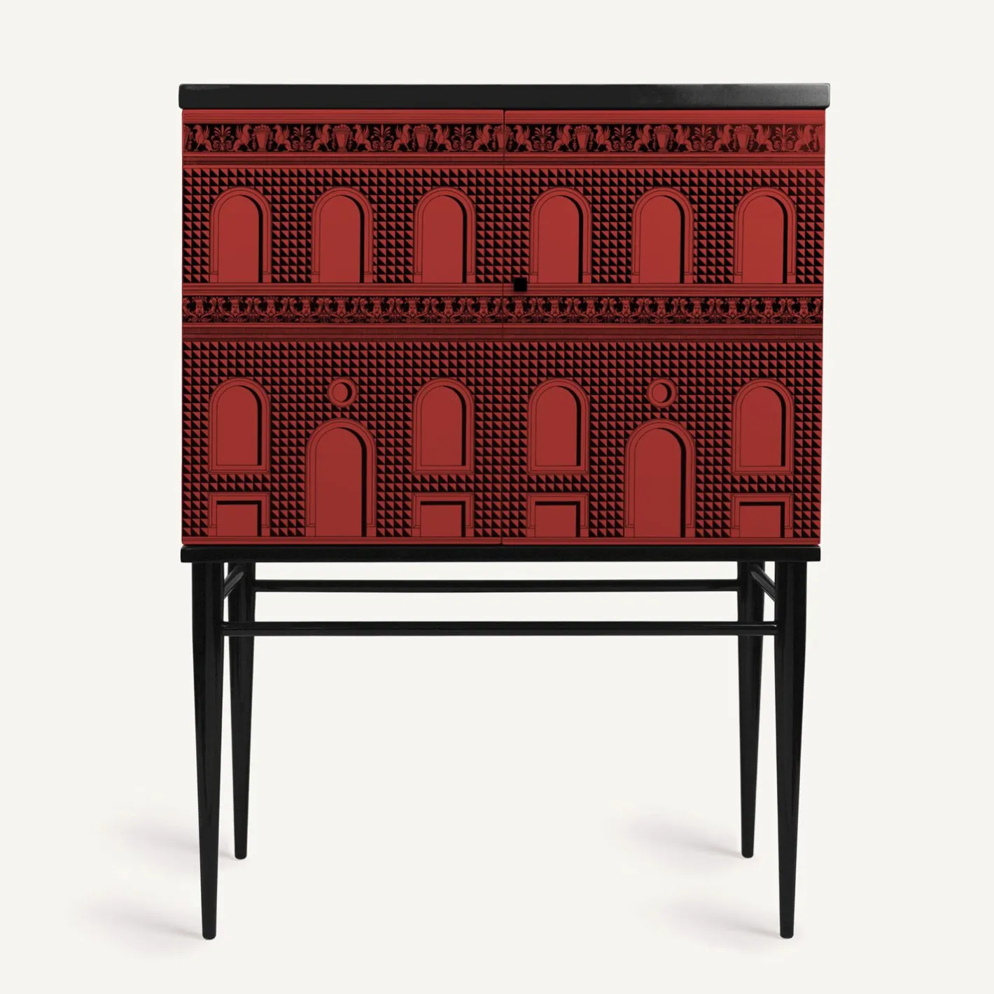 Fornasetti Armadietti^Madia Piccola Rialzata Facciata Quattrocentesca Rosso Nero