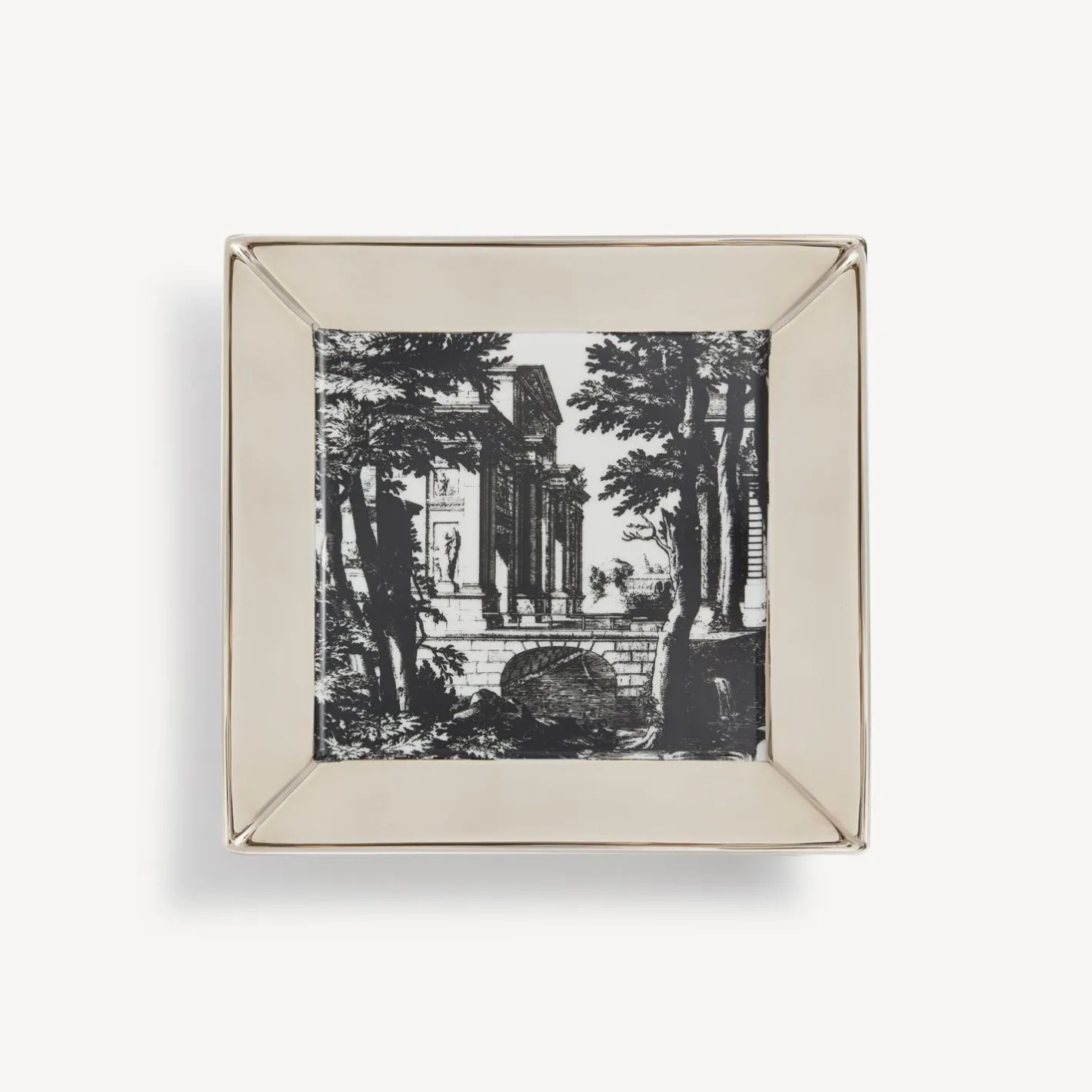 Fornasetti Piatti Decorativi^Piatto Quadrato Giardino Settecentesco Bianco/Nero/Platino