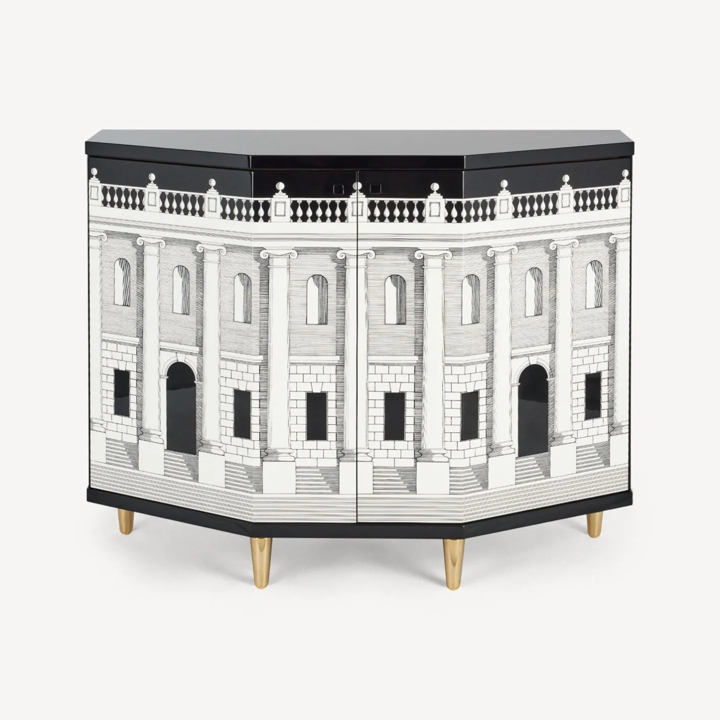 Fornasetti Armadietti^Piccolo Mobiletto Poliedrico Casa Con Colonne Bianco Nero