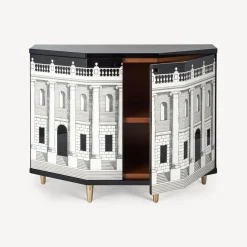 Fornasetti Armadietti^Piccolo Mobiletto Poliedrico Casa Con Colonne Bianco Nero
