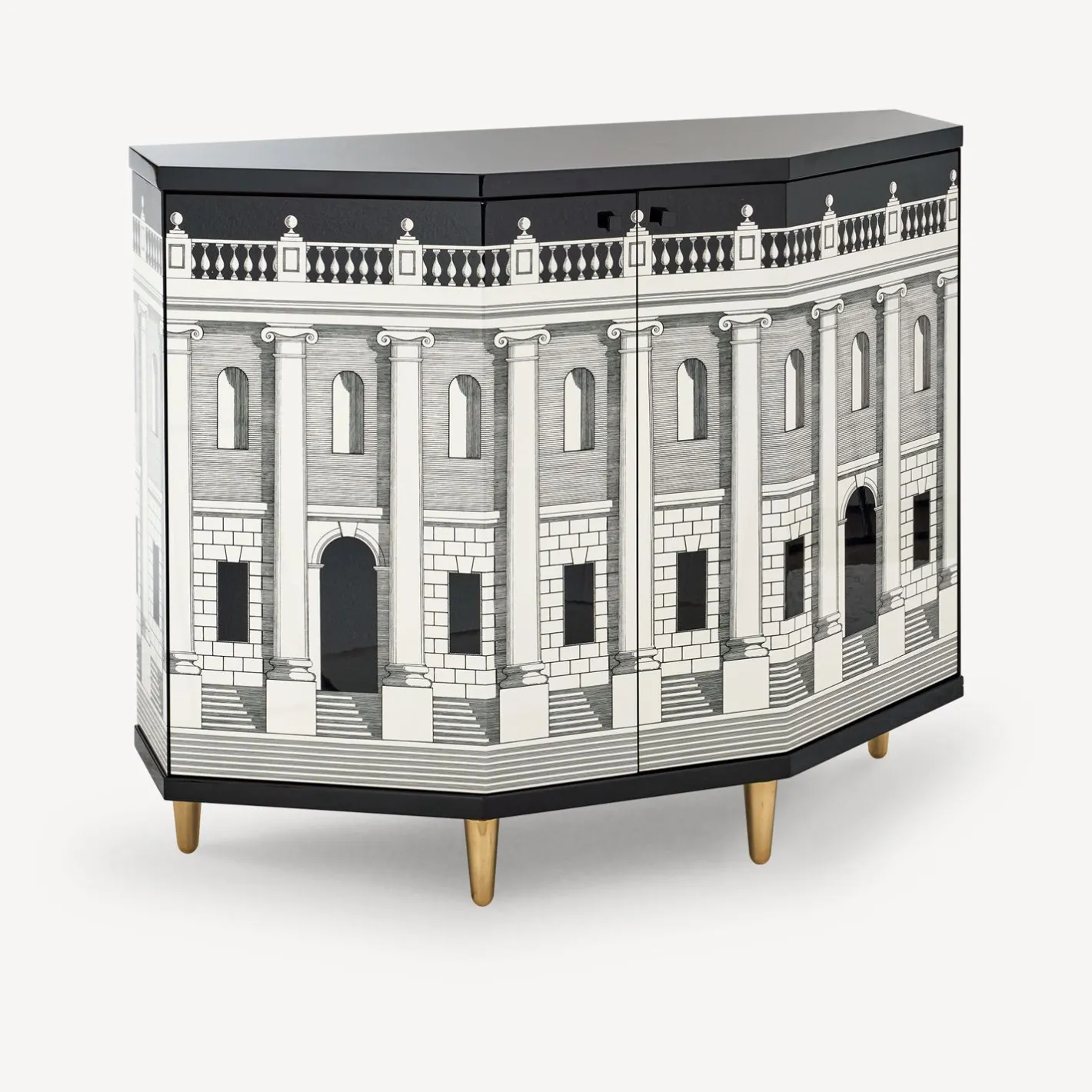 Fornasetti Armadietti^Piccolo Mobiletto Poliedrico Casa Con Colonne Bianco Nero