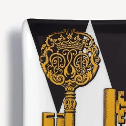 Fornasetti Posacenere Di Design^Posacenere Rettangolare Chiavi E Rombi Bianco/Nero/Oro