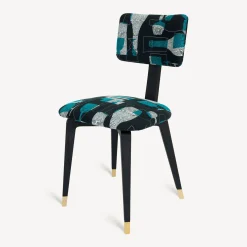 Fornasetti Sedie^Sedia Imbottita Bottiglie Cocktail Nero/Bianco/Azzurro