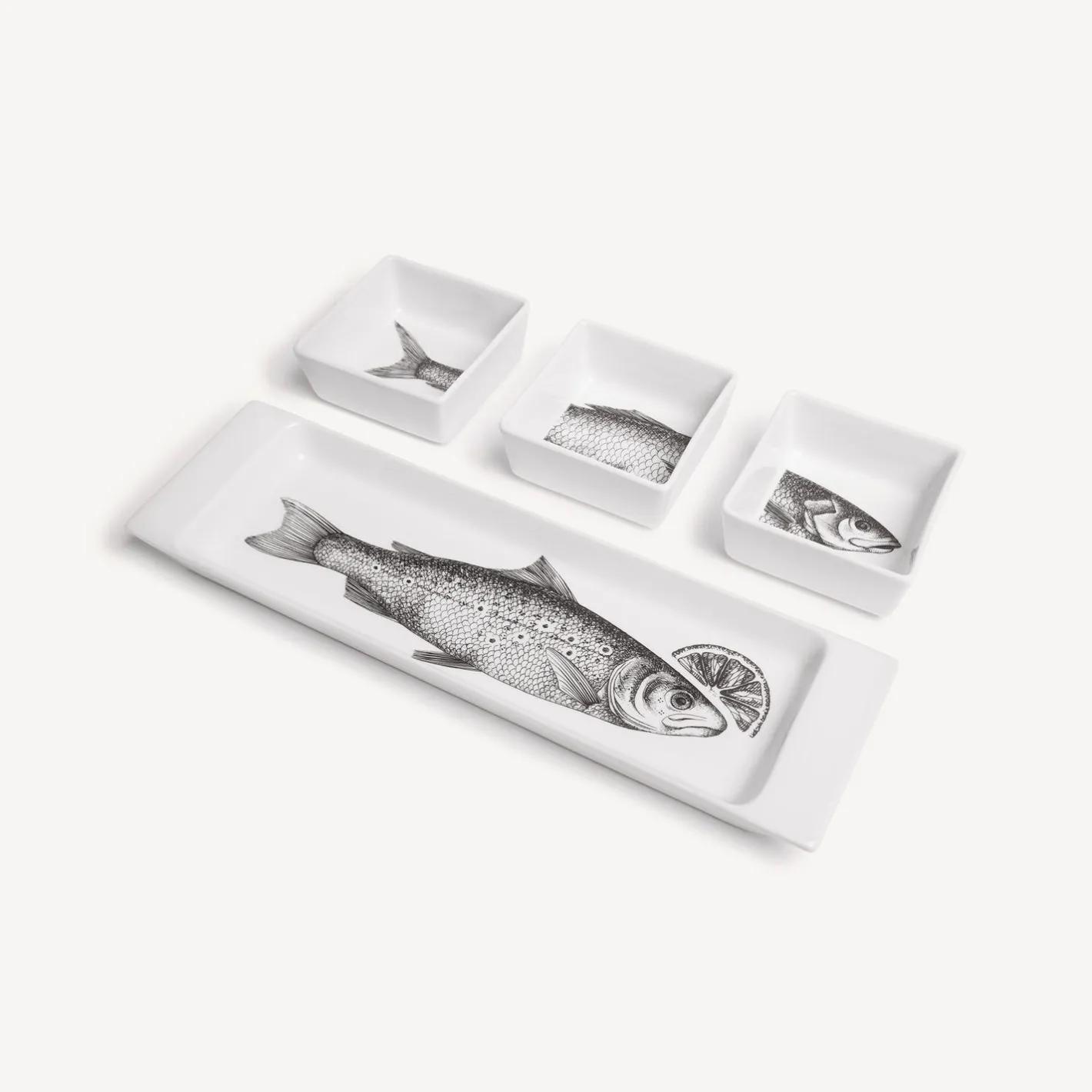 Fornasetti Set Di Antipasti E Centrotavola^Set Antipasto Pesci Bianco Nero