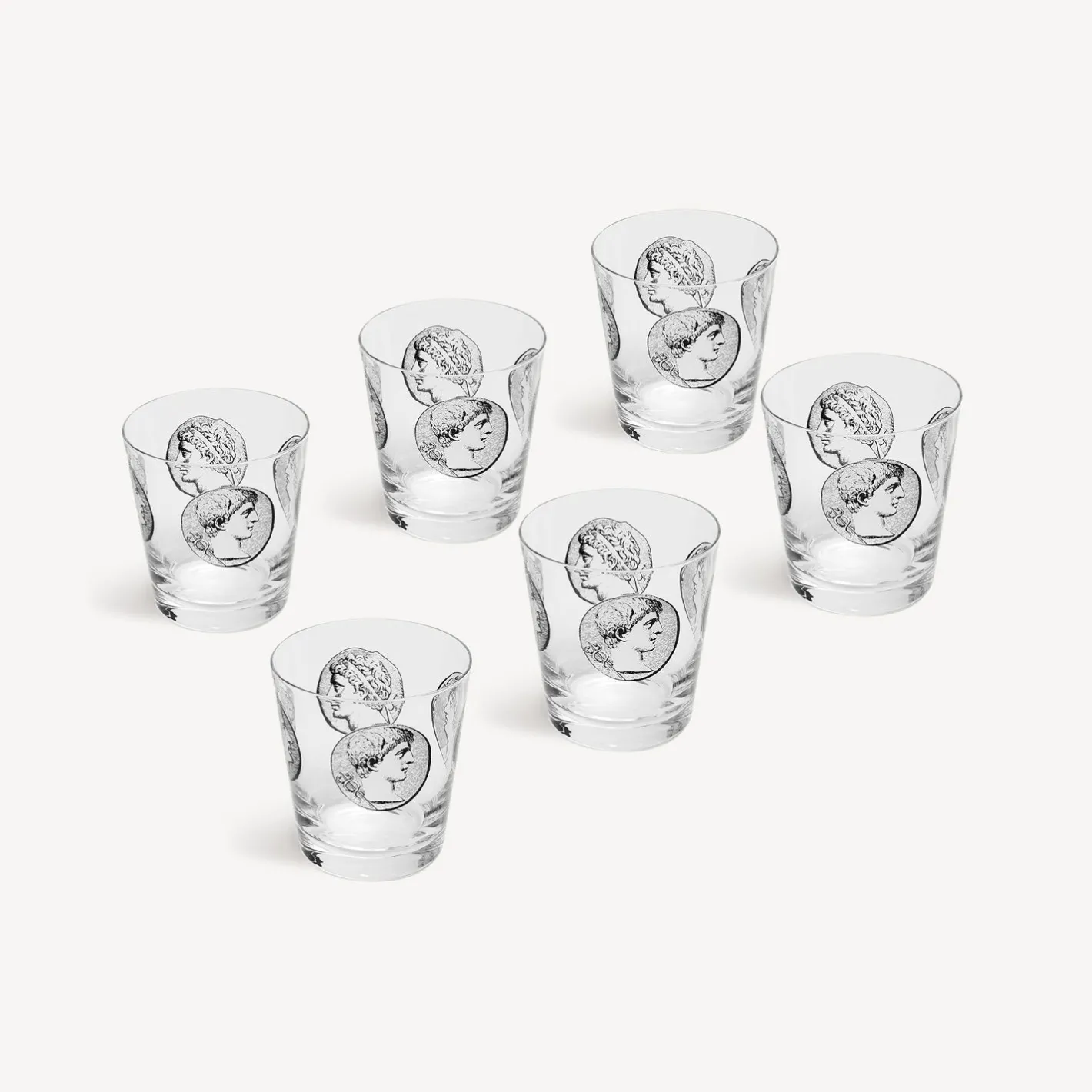 Fornasetti Bicchieri E Sottobicchieri^Set 6 Bicchieri Acqua Cammei Bianco Nero