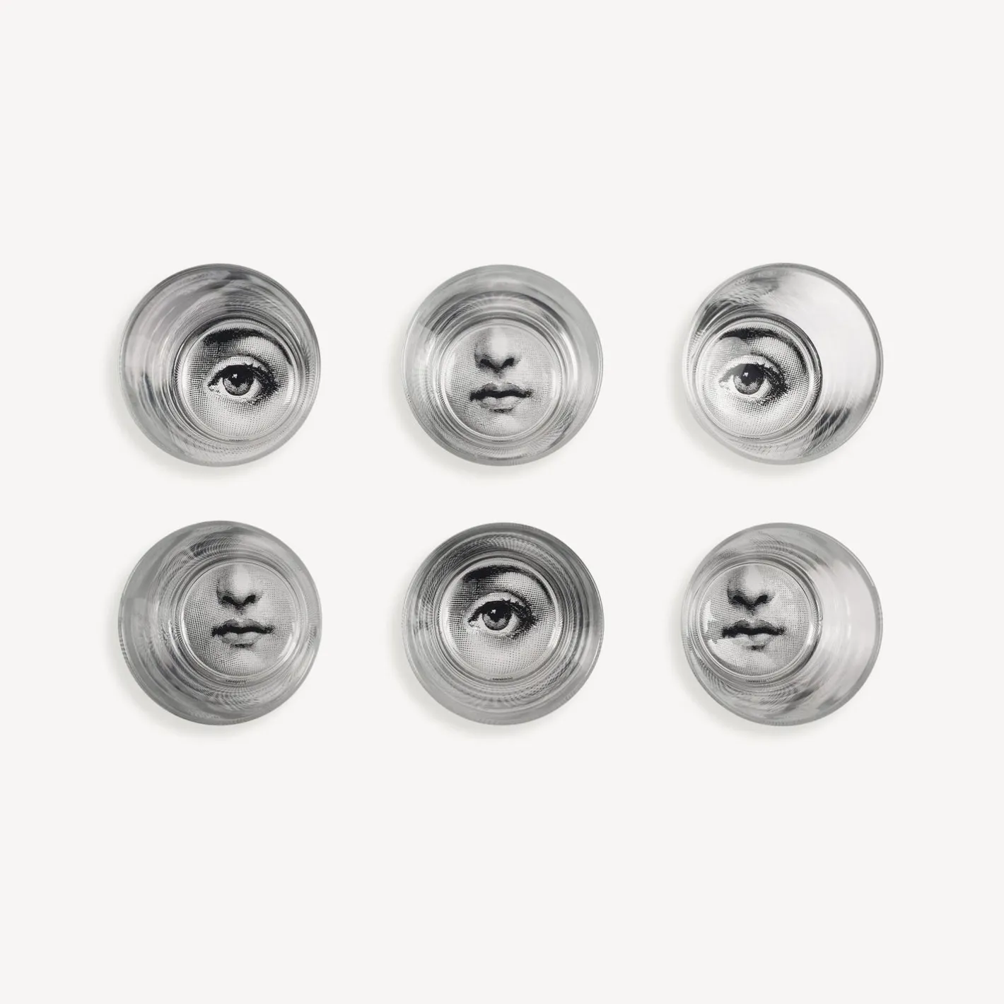 Fornasetti Bicchieri E Sottobicchieri^Set 6 Bicchieri Occhio E Bocca Nero