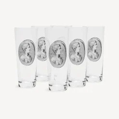 Fornasetti Bicchieri E Sottobicchieri^Set 6 Bicchieri Soda Cammei Bianco Nero