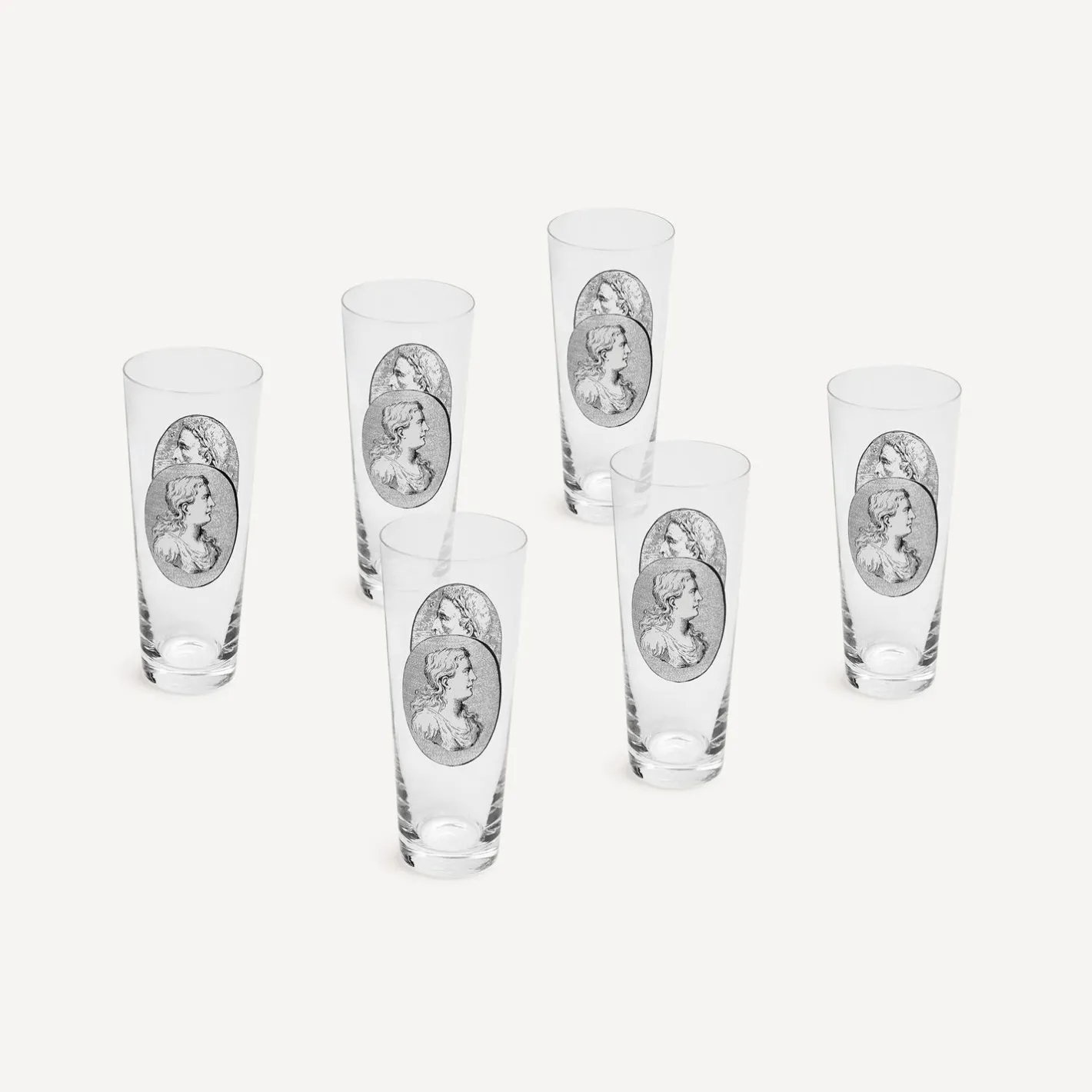 Fornasetti Bicchieri E Sottobicchieri^Set 6 Bicchieri Soda Cammei Bianco Nero