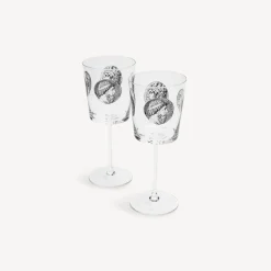 Fornasetti Bicchieri E Sottobicchieri^Set 2 Calici Vino Cammei Bianco Nero