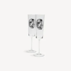 Fornasetti Bicchieri E Sottobicchieri^Set 2 Flauti Cammei Bianco Nero