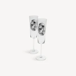 Fornasetti Bicchieri E Sottobicchieri^Set 2 Flauti Cammei Bianco Nero