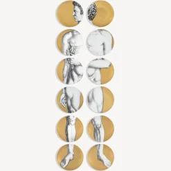 Fornasetti Piatti Decorativi^Set 12 Piatti Adamo Bianco/Nero/Oro