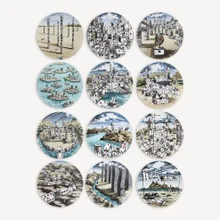 Fornasetti Piatti Decorativi^Set 12 Piatti Citta Di Carte Multicolore