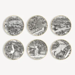 Fornasetti Piatti Decorativi^Set 6 Piatti Citta D'Italia Bianco/Nero/Oro