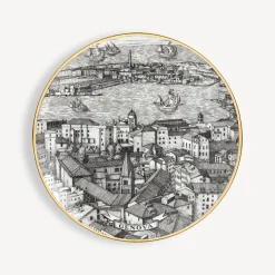 Fornasetti Piatti Decorativi^Set 6 Piatti Citta D'Italia Bianco/Nero/Oro