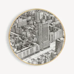 Fornasetti Piatti Decorativi^Set 6 Piatti Citta D'Italia Bianco/Nero/Oro