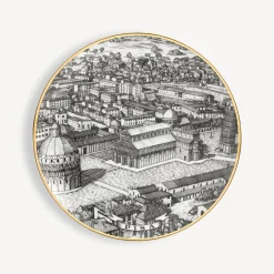 Fornasetti Piatti Decorativi^Set 6 Piatti Citta D'Italia Bianco/Nero/Oro