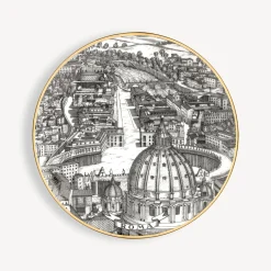 Fornasetti Piatti Decorativi^Set 6 Piatti Citta D'Italia Bianco/Nero/Oro