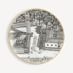 Fornasetti Piatti Decorativi^Set 6 Piatti Citta D'Italia Bianco/Nero/Oro