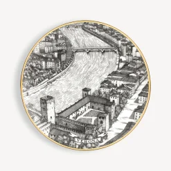 Fornasetti Piatti Decorativi^Set 6 Piatti Citta D'Italia Bianco/Nero/Oro