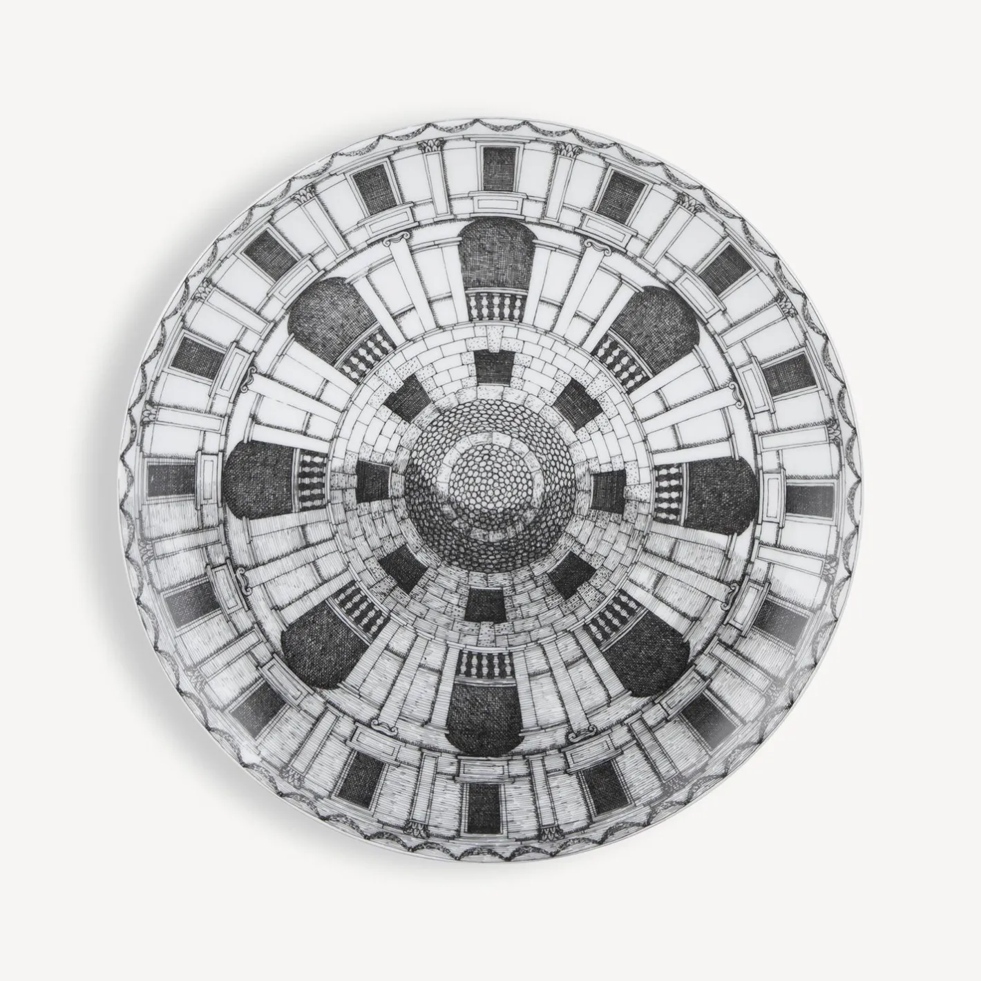 Fornasetti Piatti Decorativi^Set 6 Piatti Cortili Bianco Nero