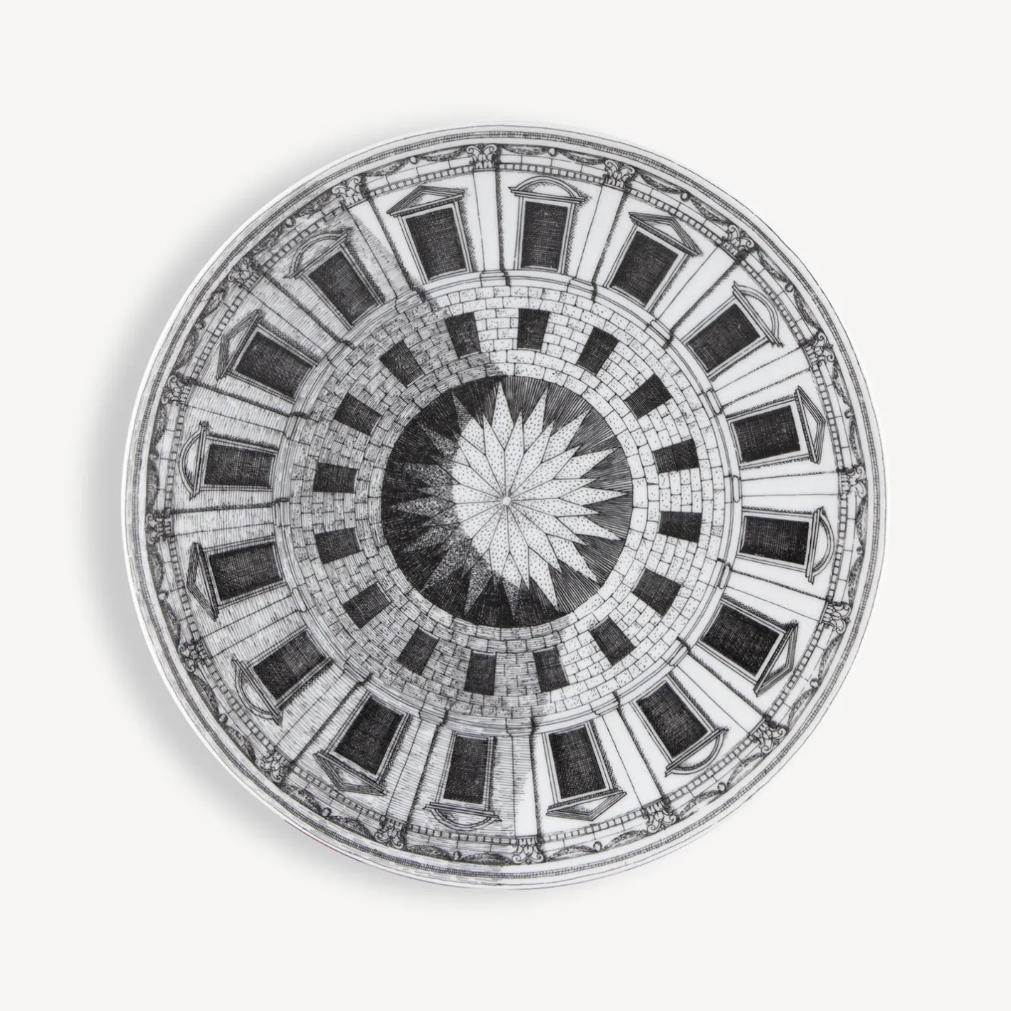 Fornasetti Piatti Decorativi^Set 6 Piatti Cortili Bianco Nero