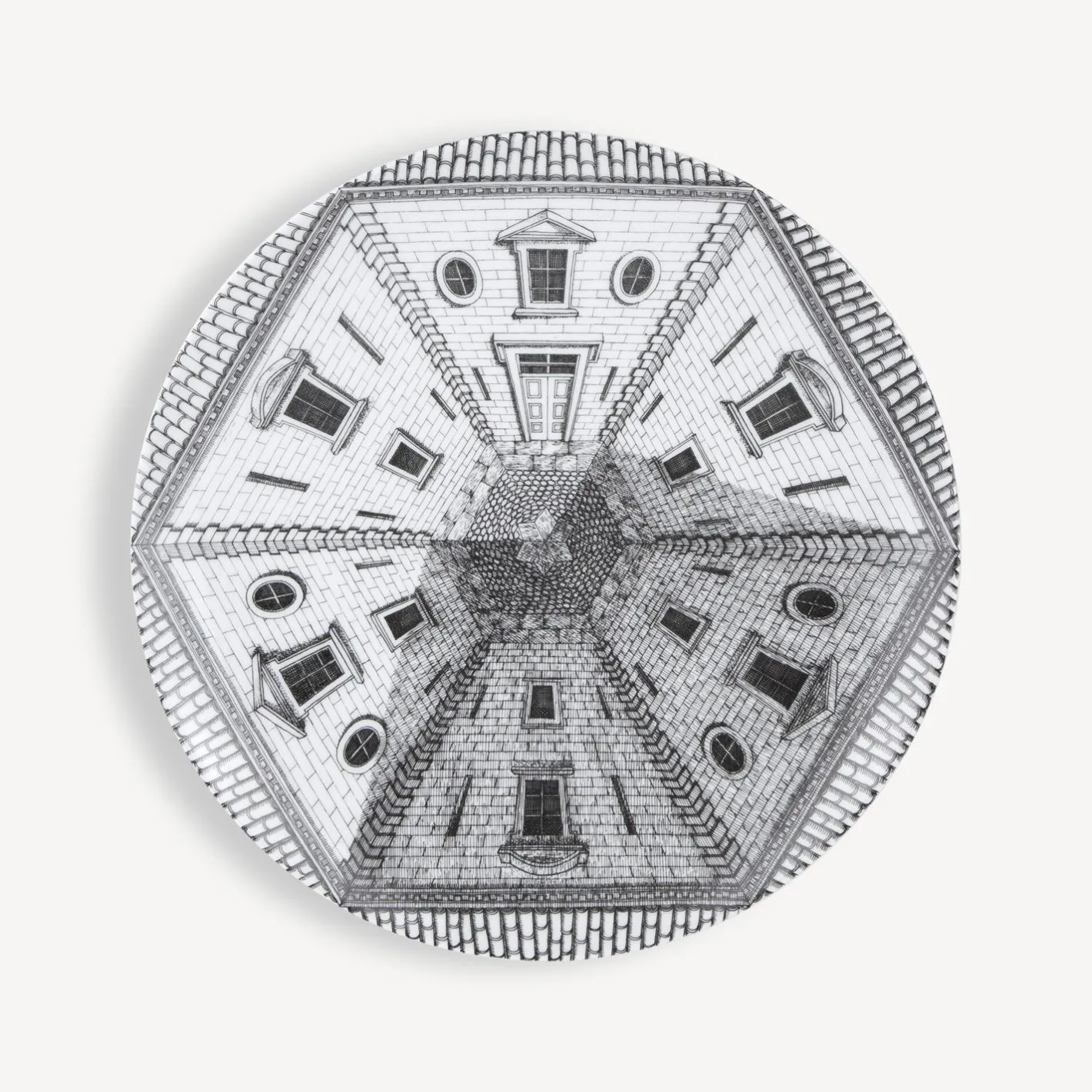 Fornasetti Piatti Decorativi^Set 6 Piatti Cortili Bianco Nero