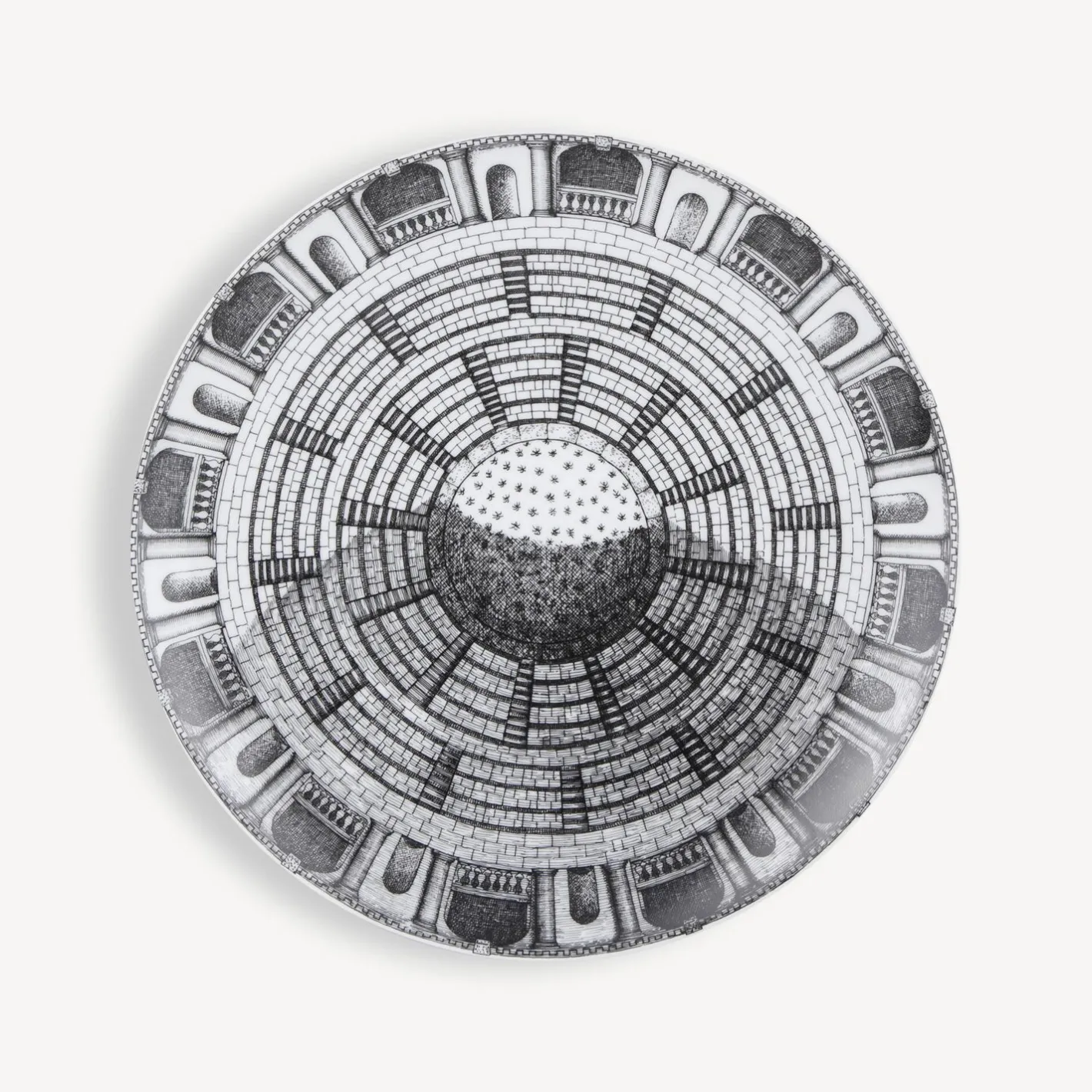 Fornasetti Piatti Decorativi^Set 6 Piatti Cortili Bianco Nero