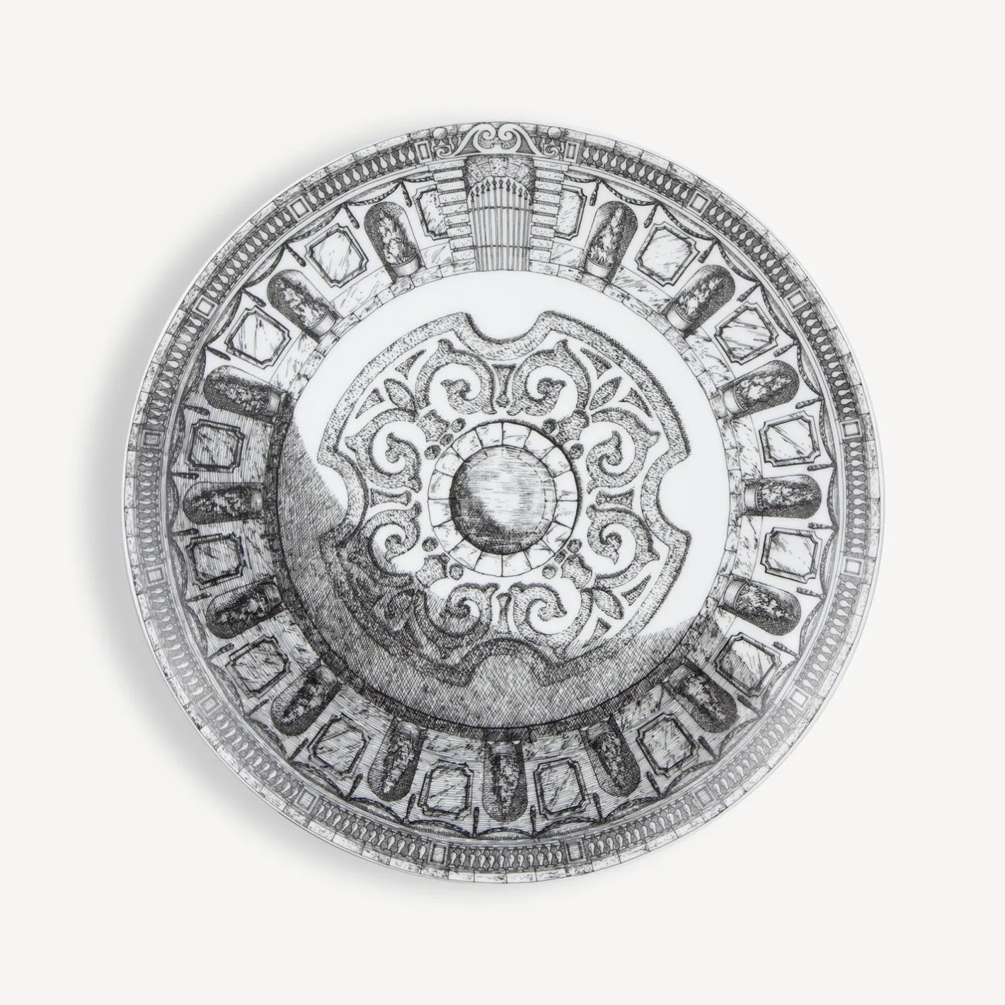 Fornasetti Piatti Decorativi^Set 6 Piatti Cortili Bianco Nero