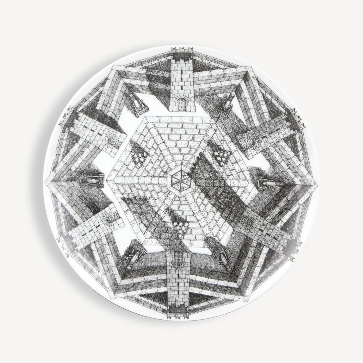 Fornasetti Piatti Decorativi^Set 6 Piatti Cortili Bianco Nero
