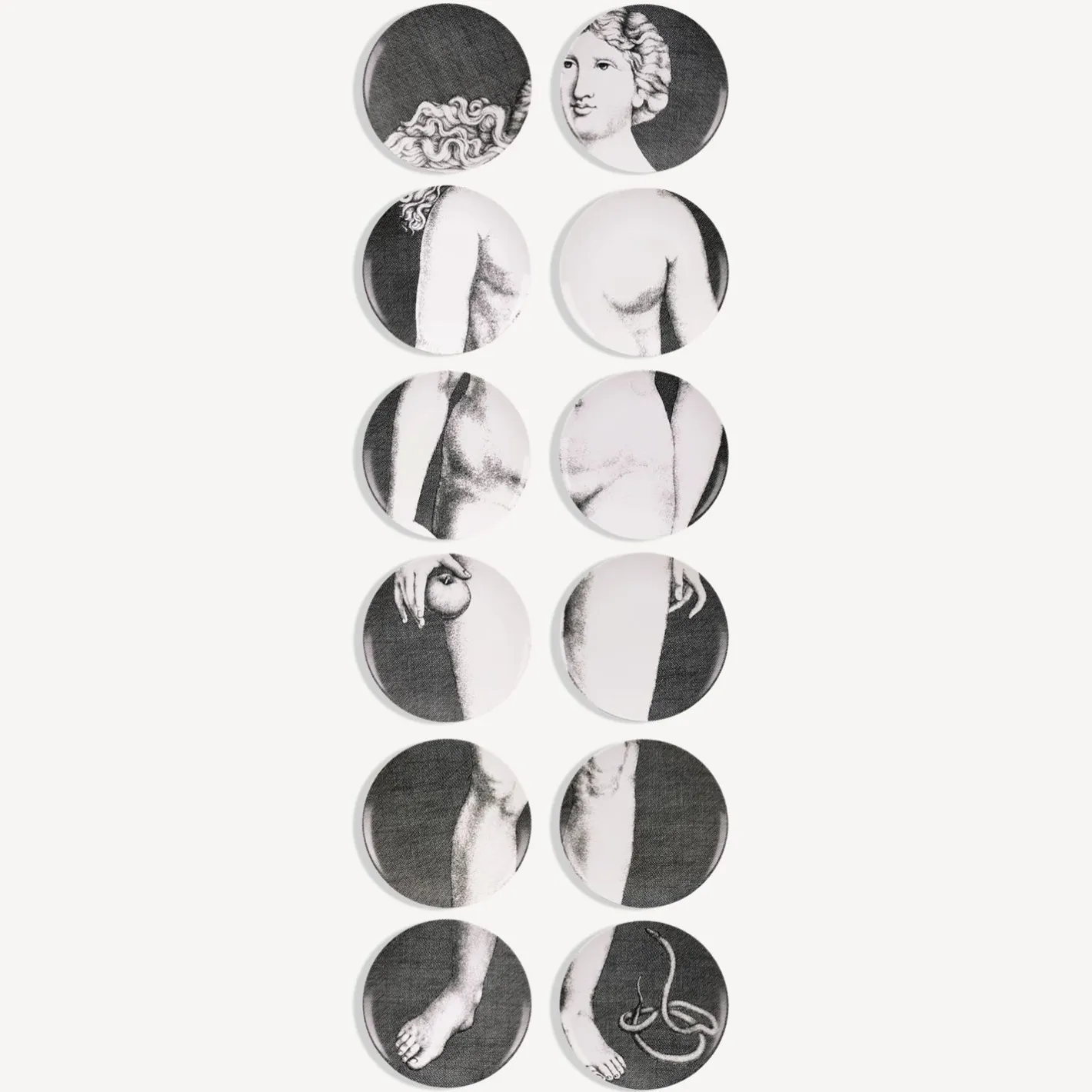 Fornasetti Piatti Decorativi^Set 12 Piatti Eva Bianco Nero