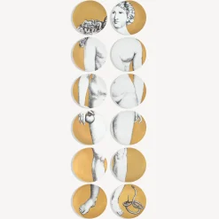 Fornasetti Piatti Decorativi^Set 12 Piatti Eva Bianco/Nero/Oro