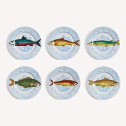 Fornasetti Piatti Decorativi^Set 6 Piatti Piscibus Multicolore