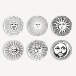 Fornasetti Piatti Decorativi^Set 6 Piatti Soli E Lune Bianco Nero