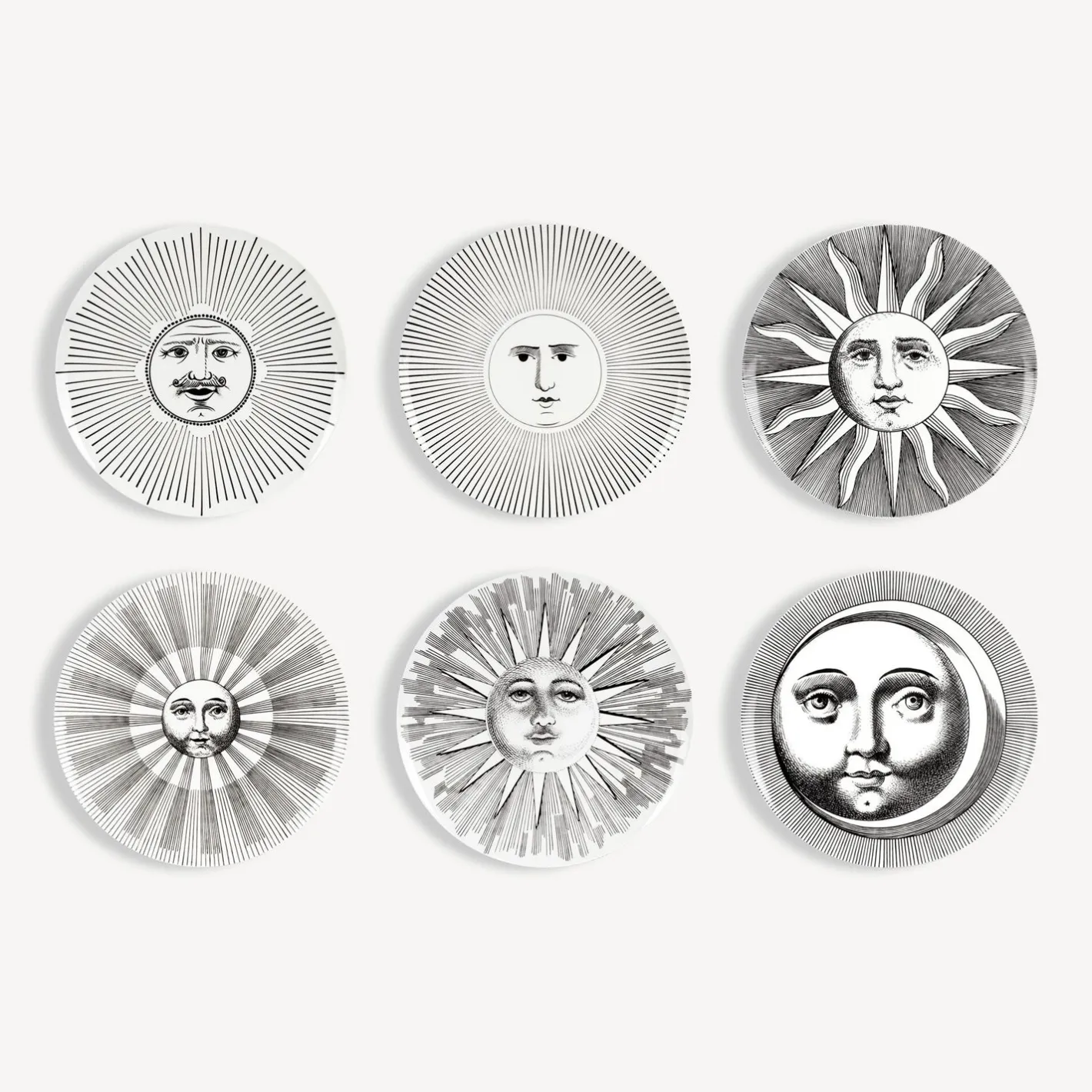 Fornasetti Piatti Decorativi^Set 6 Piatti Soli E Lune Bianco Nero