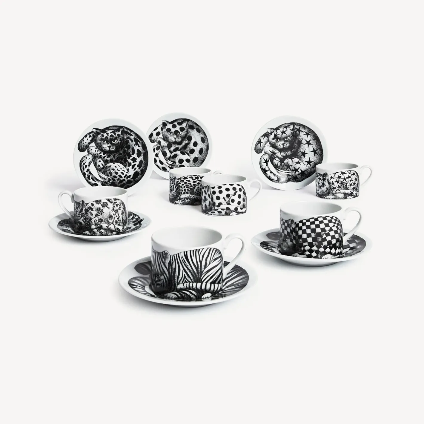 Fornasetti Set Da Te E Caffe^Set 6 Tazze Da Te Alta Fedelta Bianco Nero
