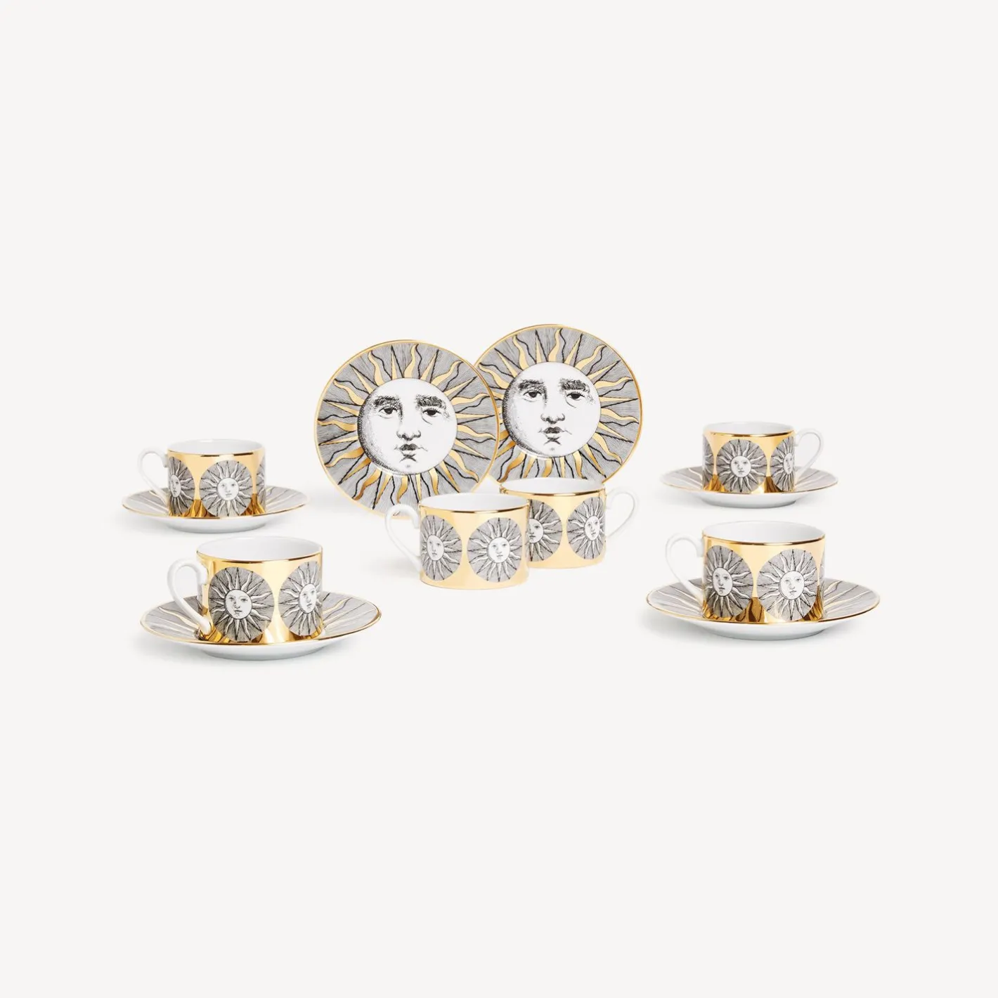 Fornasetti Set Da Te E Caffe^Set 6 Tazze Te Sole Bianco/Nero/Oro