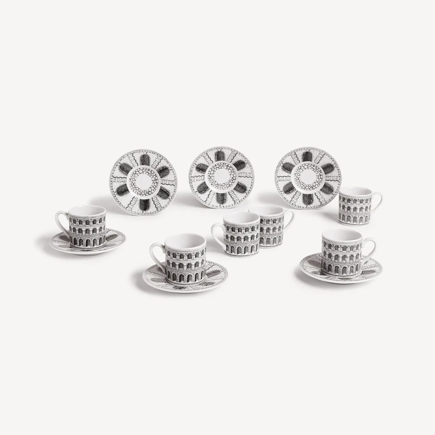 Fornasetti Set Da Te E Caffe^Set 6 Tazzine Caffe Architettura Bianco Nero