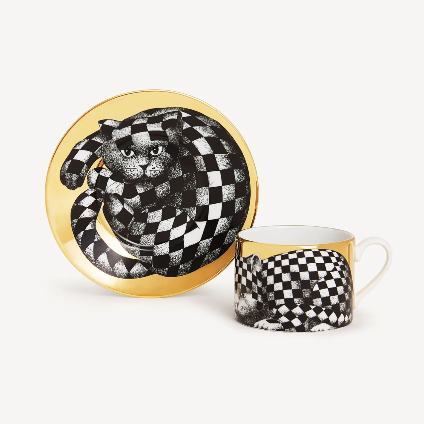 Fornasetti Set Da Te E Caffe^Tazza Te Alta Fedelta Quadrettato Bianco/Nero/Oro